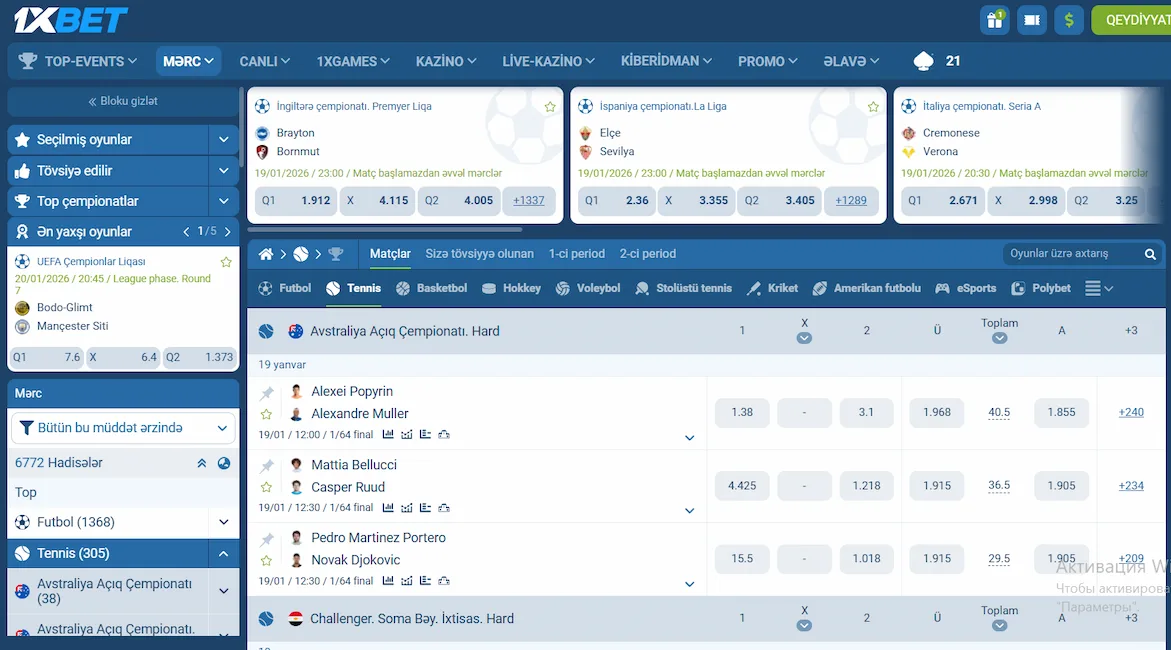 1xBet tennis xətti